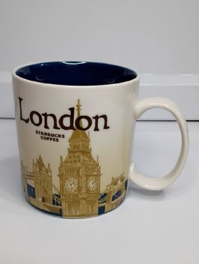 STARBUCKS LONDON CERAMIC COFFEE MUG - Cream, Gold and Navy 16 Ounces NWOT